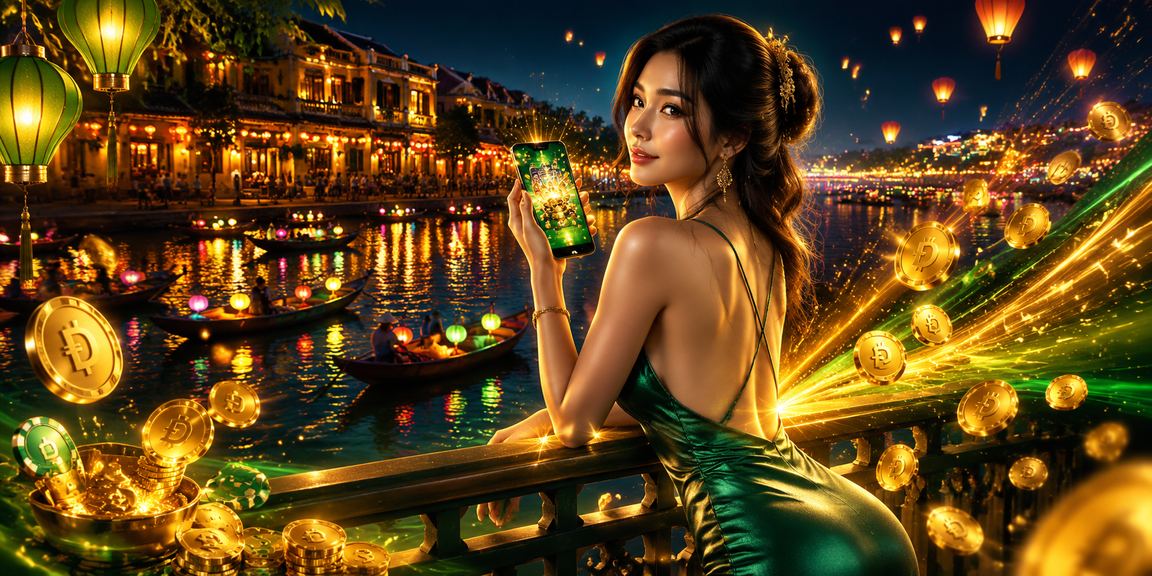 Người mẫu tại Hội An ngồi bên đèn lồng truyền thống, trải nghiệm slot game trên máy tính bảng